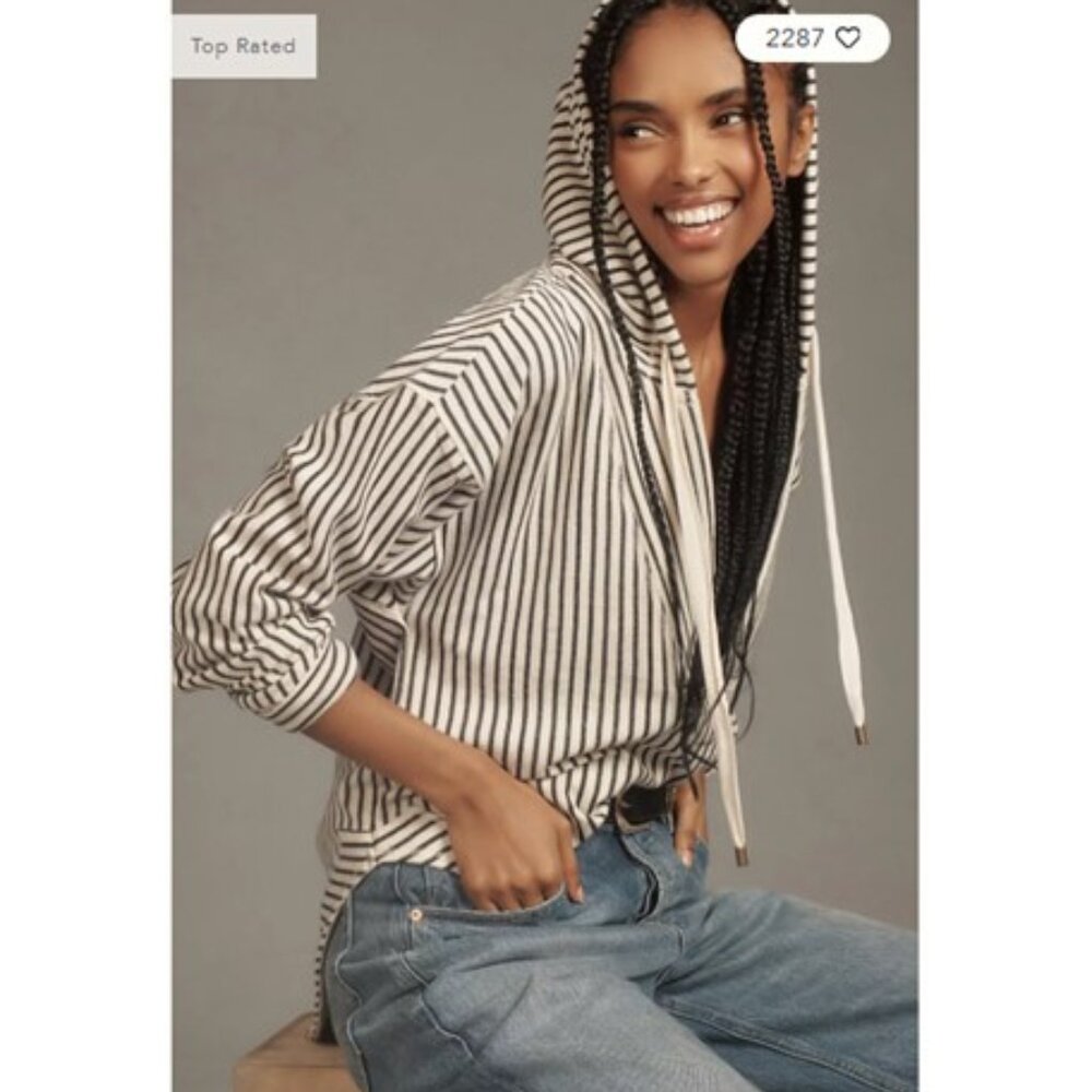 Anthropologie Black and Cream Striped Hoodie Sweatshirt